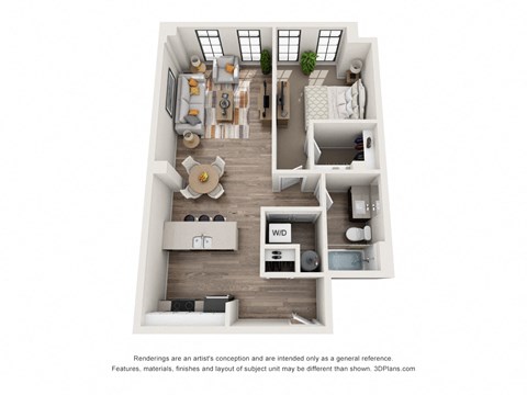 Floor plan for 1 bed, 1 bath, 739 sqft